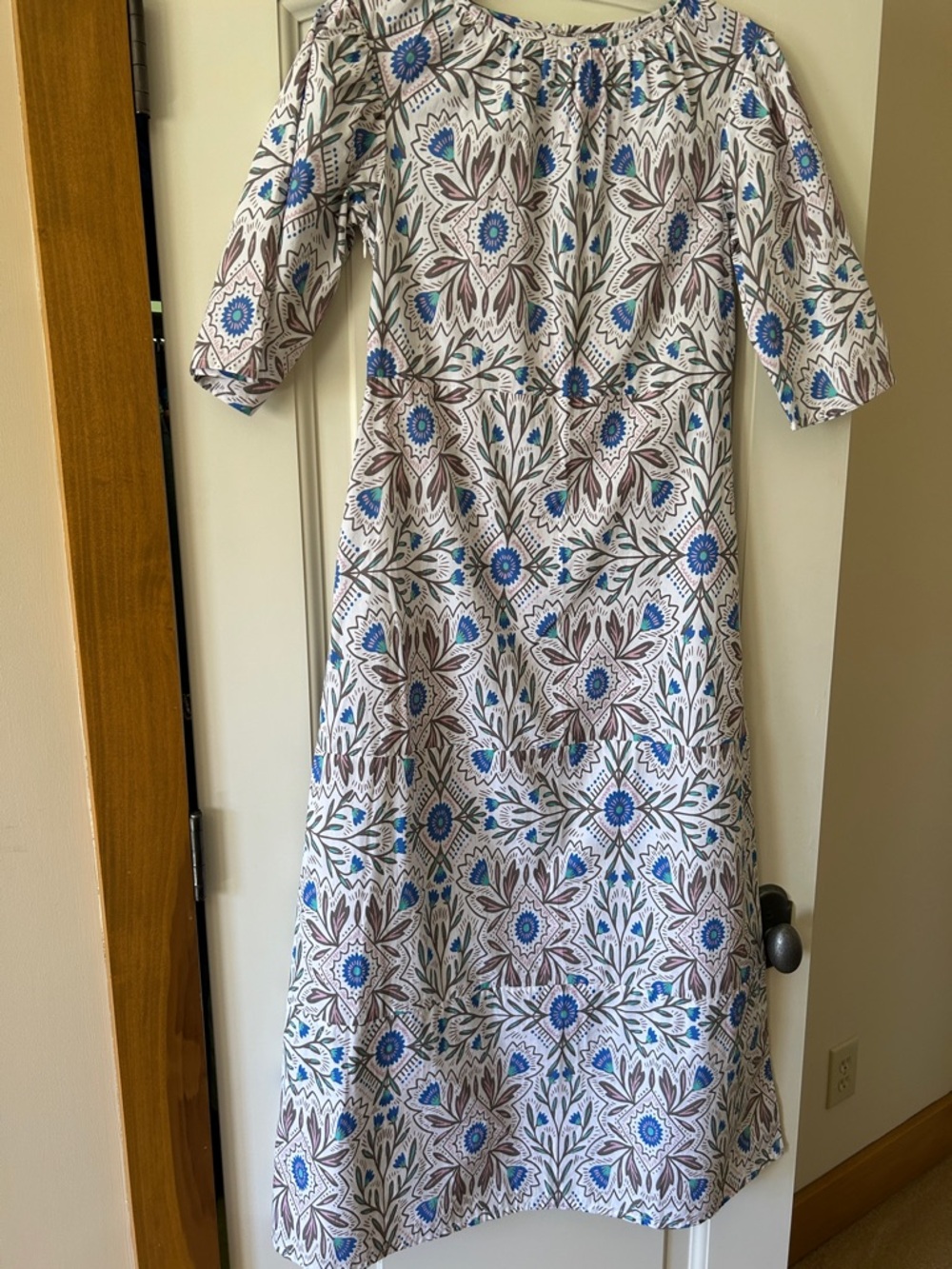 White Floral Midi Dress with Blue and Brown Motif and Elbow Sleeve